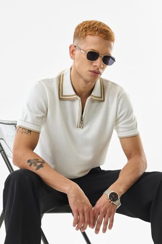 Image of SNITCH Men's T-Shirt | Slim Fit Polo Collar with Zip Closure & Contrast Detailing | 100% Cotton Fabric for Casual & Street Wear