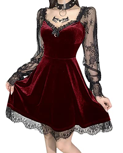 Damen-Kleid im Gothic-Stil, Lolita-Spitzenkleid, Langarm, kurz, Schwarz, Retro, Punk, Puffärmel, A-Linie, ausgestellt, F-rot, L