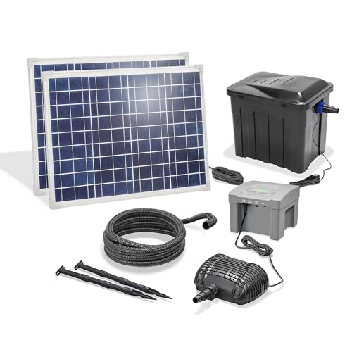 esotec Solar UV Teichfiltersystem 1900 100, Teichfilter Komplettset mit Pumpe, 24Ah LIFEPO4 Akku, Teichpumpe 1900l/h, 100Wp, Bachlaufpumpe, UV Wasserfilter, mehrstufige Filterung, 101072