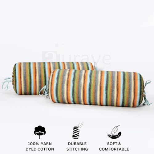 Image of AURAVE Cotton 144 TC Printed Bolster Cover with Drawstring Closure, Set of 2, Soft Breathable Durable Machine Washable for Sofa Bed & Home Decor, 15 inchx30 inch, Multi | Cover Only
