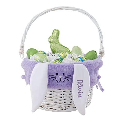 Personalization Universe Hand-Woven Easter Basket with Folding Handle & Personalized Bunny Liner - Ideal Egg Hunt Basket, Vintage Style Wicker - White Basket, Purple Liner, and White Ears