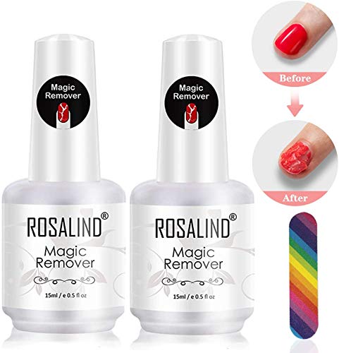 Magic Nail Polish Remover - ROSALIND 15ml Burst Magic Gel Nail Polish Remover with Rainbow Nail File, Easily & Quickly Removes Soak-Off Gel Polish, Harmless to Nails - 2Pcs