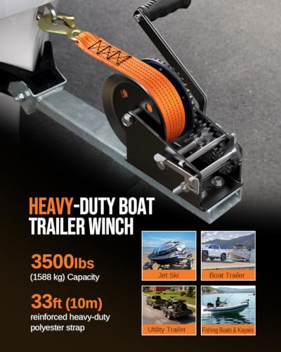 Image of Kolvoii 3500 lb Boat Trailer Winch, 33 ft Strap, 2-Speed 4:1 /8:1, Orange | Polyester Strap; Two-Way Ratchet; 8 mm High-Carbon Steel Gears; Galvanized Finish; Boat Trailer and Marine Loading