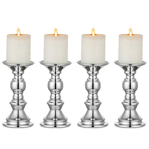 Nuptio Candelabros de Pilar Plateado, Centros de Mesa de Boda Candelabro de Metal para Velas de 50mm Decoración del Soporte Ideal para Bodas Eventos Especiales Fiestas Sala de Estar, 4 Piezas