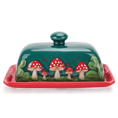 Fungi Fun Mushroom Butter Dish With Lid – Cute Cottagecore Ceramic Storage Container, Vintage French Covered Tray, Boho Farmhouse Kitchen Decor Gift, Unique Countertop Holder (Dark Green, Standard)
