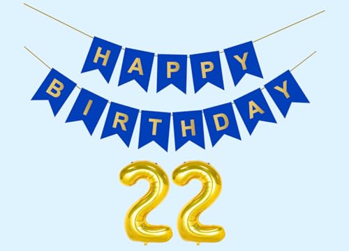 Image of 22nd Happy Birthday Decoration Kit Dark Blue for 22 year Old Boys Girls Men with Number Twenty-two Party Decorations Decor Celebration Items Item Set Combo Reusable Paper Banner