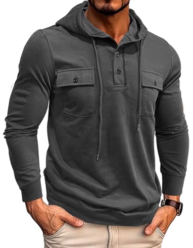 Mens Thin Hoodies Casual Sweatshirts Long Sleeve Drawstring Lightweight Pullover Button Shirts with Pocket