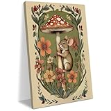 Rustic Mushroom Mouse Painting Nursery Wall Decor Cozy Vintage Art Framed Prints Canvas Wall Art Countryside Botanical Floral for Living Room Boys Girls Bedroom Office Wall Decorations 11.5X14.5 Inch