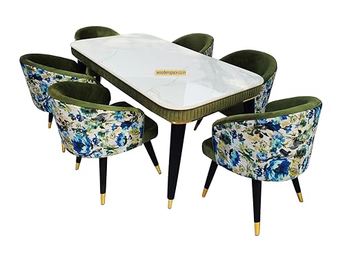 Image of WOODEN SPACE 6-Seater Wooden Dining Table Set | Nano Composite Marble Top | Solid Wood Base | Modern Dining Room Furniture with 6 Chairs (Green)