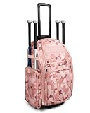Rolling Softball Bag with Wheels, Large All-Terrain Wheeled Baseball Bag Holds 4 Bats, Water-Resistant Baseball Roller Backpack with Shoe Compartment and Fence Hooks for Players and Coaches, Pink Camo