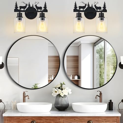 Image of Rustic Deer Bathroom Light Fixtures, 2-Light Vanity Lamp | Farmhouse rustic style, Clear Glass Shade,Wall Light for Bathroom, Hallway, Kitchen, Porch,Study, Bar