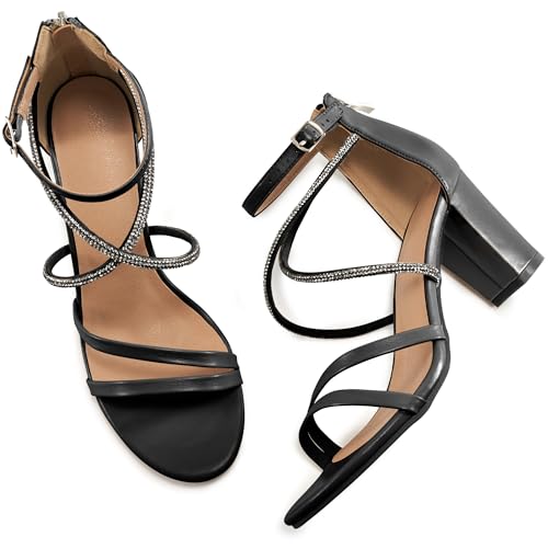 Ecetana Heels for Women Open Toe Ankle Strap Buckle Rhinestone Sandals Block Chunky Sexy Shoes for Party Wedding