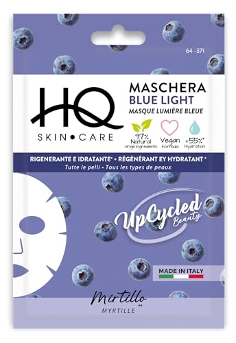 HQ Masque Tissu Protection Lumière Bleue Visage – Lot 2 - Acide Hyaluronique & Huile de Myrtille – 97% Ingrédients Origine Naturelle – Soin Hydratant Antioxydant – Végane Testée Dermatologiquement