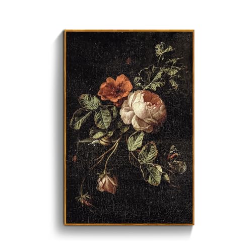 crmotu Large Framed Wall Art, Still Life Rose Canvas Prints, Botanical Floral Vintage Oil Paintings, Dark Academia Flower Pictures Wall Decor Living Room Bedroom Bathroom, Kitchen Decorations 24x36in