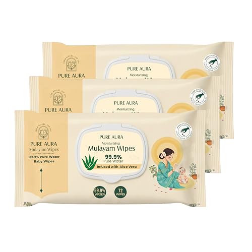 Image of Pure Aura Baby Mulayam Wipes 72 Pulls, Pack of 3 - Doctor Recommended 99.9% Pure Water Wipes with Aloe Vera | Ultra Soft, Thick & Plant-Based | Gentle for Newborns & Sensitive Skin