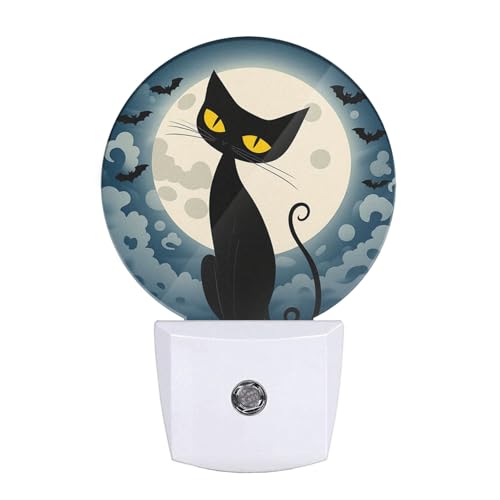 Image of Plug in Fantasy Funny Cat Night Light Full Moon Bats Black Cat Fun Animal Plug-in Nightlight Auto On /Off Dusk to Dawn for Bedroom Bathroom Staircase Home Decor, LEDLAMP3013