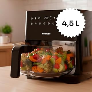 MELLERWARE - Friggitrice ad aria 1450 W | Cestello vetro 4,5 L | 9 programmi + preriscaldamento | Schermo tattile | Temp 80-200 °C | Timer 60 min | Lavabile in lavastoviglie