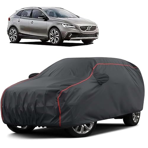 Image of Sulfar 100% Water Resistant Car Body Cover Compatible with Mirror for Volvo V40 (Triple Stitched, Full Bottom Elastic, Dark Grey Taffeta with Red Piping)