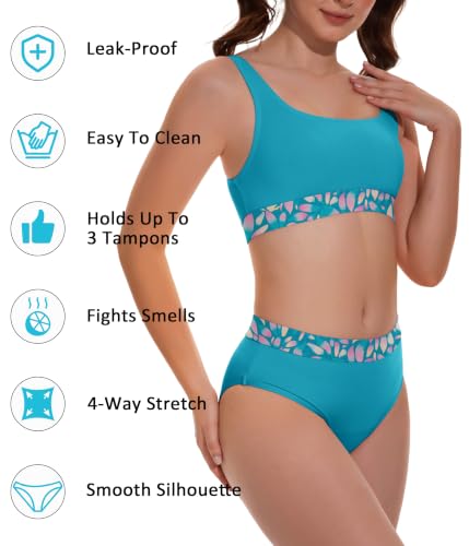 Image of Beautikini Period Swimwear Two Piece Menstrual Leakproof Swimsuit Bikini Sets Mid Waist Print Bathing Suit for Women