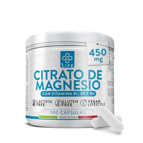 Citrato De Magnesio Capsulas 240 PiùLife, 1500mg Magnesio Citrato de los cuales 450mg Magnesium Elemental Por Dosis, Con Vit B6, B5, B1, Sistema Nervioso, Muscular, Cansancio, Alta Biodisponibilidad