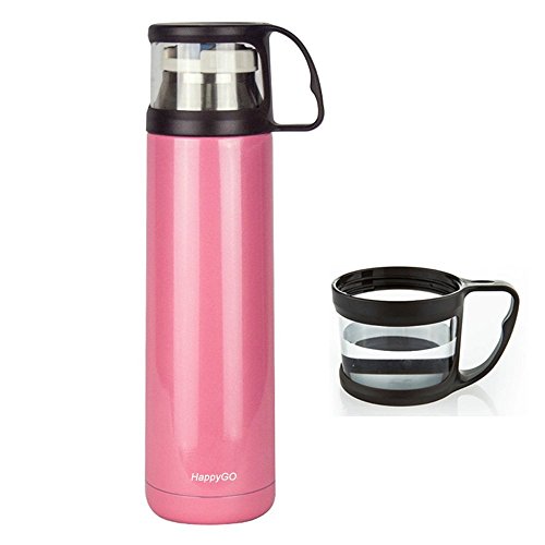 HappyGo Stainless Steel Vacuum Insulated Travel Mug Water Bottle Beverage Flask Coffee Thermos No BPA Leak Proof for Hot and Cold Drink 16oz Pink
