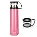 HappyGo 16oz Thermos Travel Mug Vacuum Insulated Tea Coffee Bottle Stainless Steel Handled Cup Drink Bottles for Hot and Cold Beverages Pink