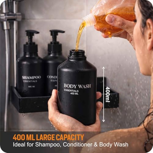 Image of Refillable Shampoo and Conditioner Dispenser Shower Soap Dispenser Wall Mounted Black Metal Organiser Plastic Bottles Black Pump Shampoo Dispenser, Shower Dispenser Chamber 400ML Bottel (Metal Stand)