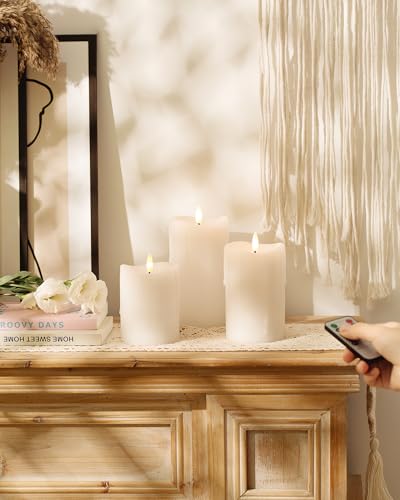 Image of White Flameless Candles with Remote and Timer, Real Wax Made Wax Drip LED Pillar Candles Battery Operated with 3D Flickering Flame Melted Top - 3 inch x 4 inch,5 inch,6 inch - Set of 3