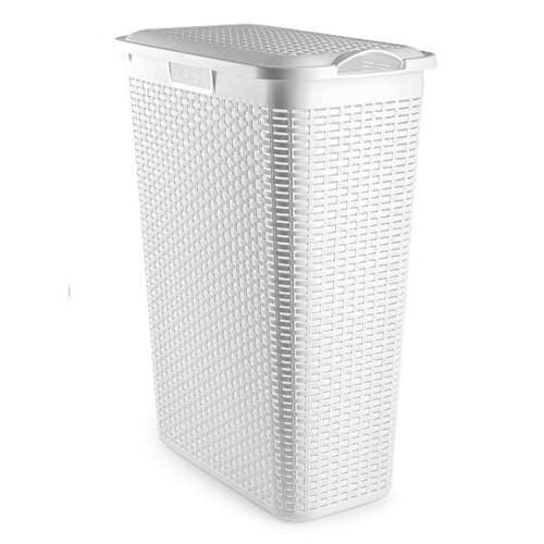 AC   Cesto rattan estrecho para ropa sucia con tapa y asas   Slim PLFT   Pongotodo de plástico para colada   Imitación de mimbre   Fabricado en España (Blanco   48,5 litros   61,5 x 26,5 x 46 cm)