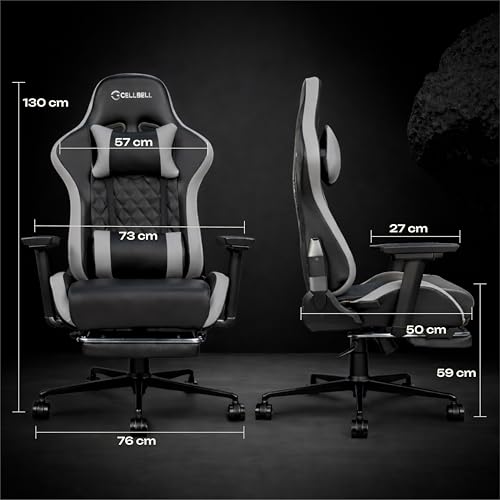 Image of CELLBELL Shadow FT Ergonomic Gaming Chair with Footrest Premium PU Leather 4D Armrests 180 Degree Recline Class 4 Hydraulic Tilt Lock Diamond Design Heavy Duty Base 60mm Wheels (Grey)
