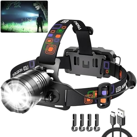 KYEKIO Headlamp Rechargeable, 990000LM Super Bright Head Lamp, Adjustable Focus LED Headlamp, 90°Angle Head Lights for Forehead, 4Mode Headlight, Headlamps for Adults Hard Hat Camping Essentials Gear Cover