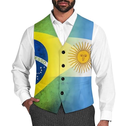 Brasil Argentina Flag Suit Vest for Men Slim Fit Sleeveless Jacket V Neck Business Waistcoat Button Up Dressy Top