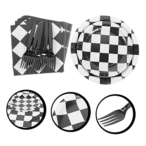 HONMEET 4 Conjuntos De Talheres Grade Preto E Branco Conjunto De Bandeja De Papel Copo De Papel