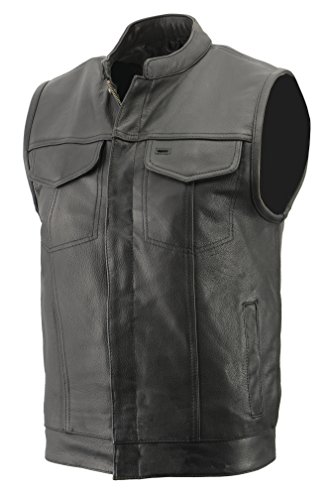 Mens Club Style Vest in Premium Naked Cowhide Leather, Patch Access Feature, Concealed Gun Pocket Biker Vest (Black, 3X)