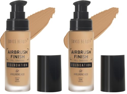Image of Swiss Beauty Airbrush Finish Full Coverage Foundation | Full Coverage Up To 8 Hours | Waterproof & Lightweight | Natural Matte Finish | Long-Lasting Wear | Enriched with Hyaluronic Acid | For All Skin Types | Dermatologically Tested | Shade- 05 Caramel Beige, 30ml