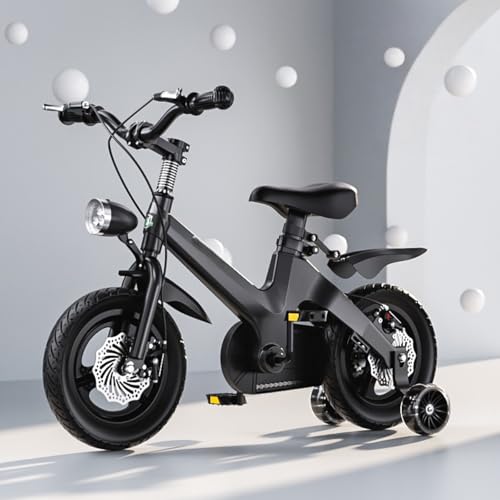 【Banefu】子ども自転車 12/14/16/18インチ、 ワンピースホイール、フロントとリアのダブルディスクブレーキ マグネシウム合金フレーム 安全耐久性 高さ調節可能 男女兼用 3歳〜12歳対応 キッズバイクヘッドライト付き 組み立て簡単 (ブラック
