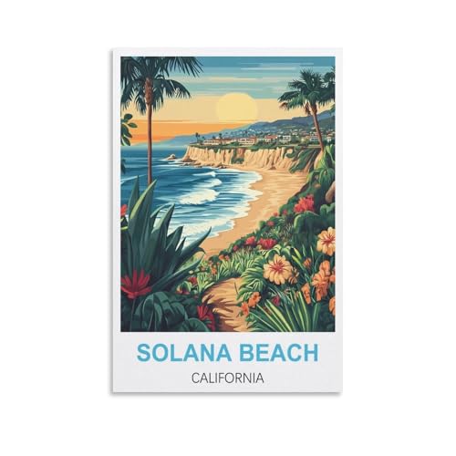 NHGEQAA Solana Beach California Vintage-Reiseposter, 20 x 30 cm, Kunstdruck auf Leinwand