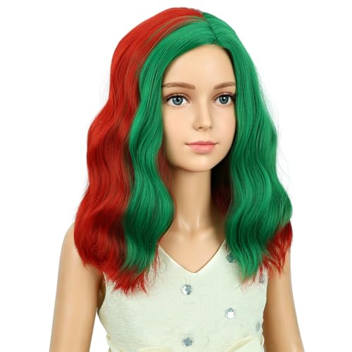 Image of PATTNIUM Red Green Wig for Kids Girls Short Red and Green Wigs Side Part Shoulder Length Wavy Heat Resistant Synthetic Wig