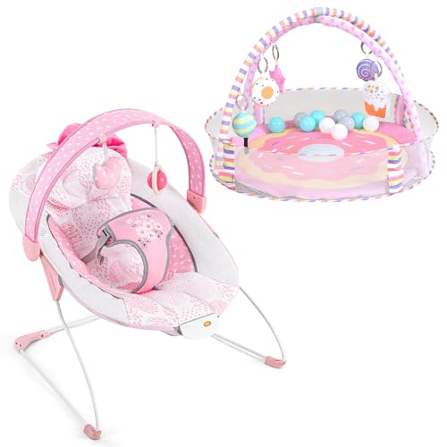 Image of Pink Baby Bouncer & Baby Play Gym,Portable Infant Bouncer, Adjustable and Foldable Baby Rocker with Vibrations,4-in-1 Baby Play Mat Activity Gym, Pink Donut Play Mats with Ball Pit