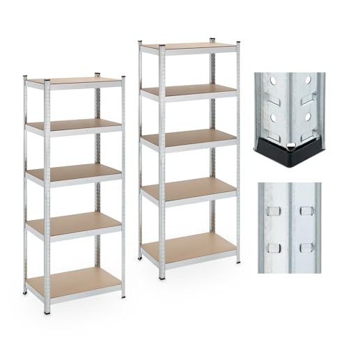 Relaxdays Set 2 Estanterías Carga Pesada 5 Baldas 180x70x45 cm, Máx. 500 kg, Acero, Estantes Sótano y Garaje, Plateado