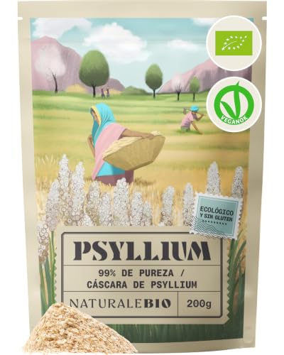 NaturaleBio Cáscara de Psyllium Husk 200 g. 99% Pureza. Fuente de Fibra Soluble. Ecológico, Sin Gluten, Sin OGM. Keto. Para añadir al Agua, Bebidas y Zumos.