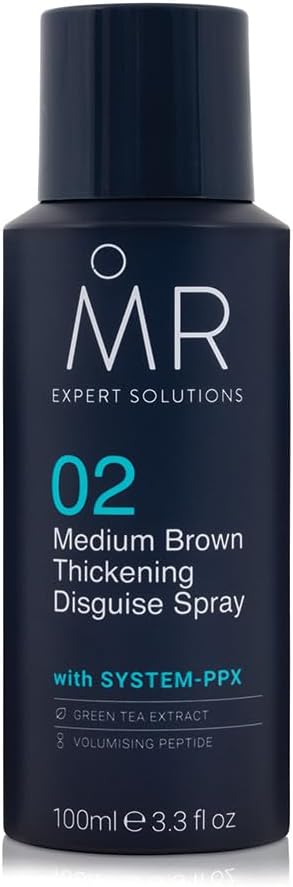 MR Medium Brown Thickening Disguise Spray for Men, Conceals Bald Patches and Thinning Hair + Protect Appearance of Thicker Hair with System PPX & Green Tea Extract, 100ml