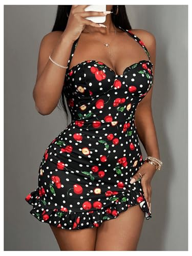 Image of MakeMeChic Women's Summer Mini Dress with Cherries Polka Dot Print Backless Mini Dress