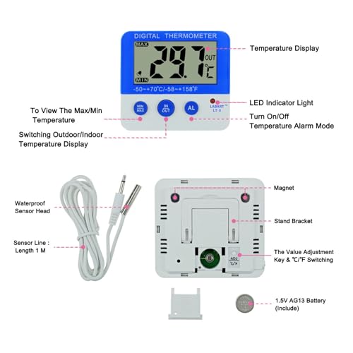 Image of LABART Fridge Freezer Thermometer Max /Min Memory High & Low Temperature Alarms Settings with LED Indicator Digital Refrigeration Thermometer with Magnetic, Stander, Pack Of 1