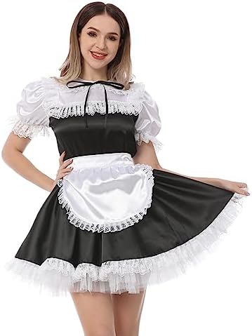 JOLINE Sissy French Maid Uniform Short Sleeves Lace Black Dress ...