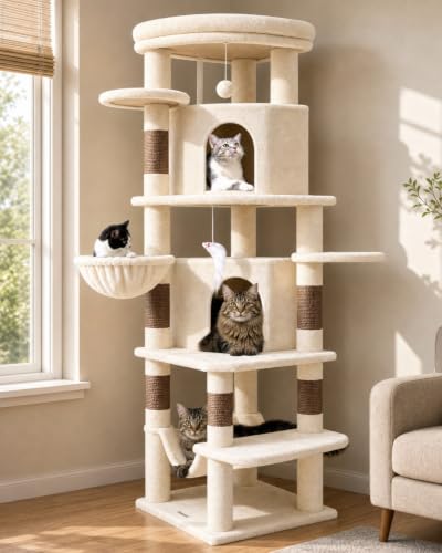 Globlazer C66 Kratzbaum Ecke 2 Höhle Hängematte Plattform für 2/3/4 Katzen | Eckkratzbaum Sehr Stabil mit Mehrere Loungebereich Platz Sparen Leichter Aufbau Katzenbaum für Große Katzen Senioren Kätzchen