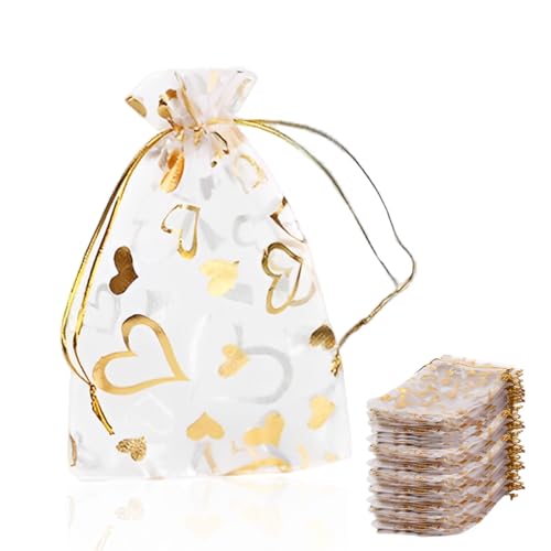 SULIUDAJI 100 Piezas Bolsas Bolsitas Organza, Bolsas de Organza con Estampado de Corazón Dorado, Bolsas de Regalo con Cordón de 9 x 7 cm, Bodas, Navidad, Cumpleaños, Aniversario