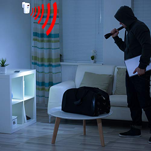 TRIXES Kabelloser Bewegungsmelder für Schuppen, Sicherheit zu Hause, batteriebetrieben, für Sommergaragen, Wohnwagen, Alarmanlage, mit 2 x Fernbedienung Weiß