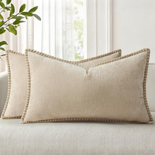 Image of decorUhome Fall Chenille Soft Cozy Throw Pillow Covers 12x20 Set of 2, Modern Farmhouse Boho Velvet Decorative Pillow Cases with Stitched Edge for Couch Sofa Bed Home Decor, Beige