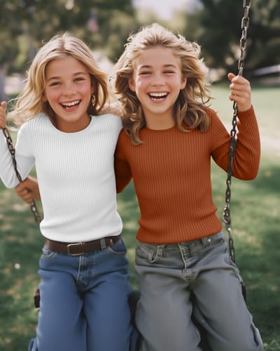 Image of 4 Pack Girls Long Sleeve Shirts Ribbed Knit Cotton Crewneck Tops Slim Fit Soft Casual Kids Base Layer Undershirts
